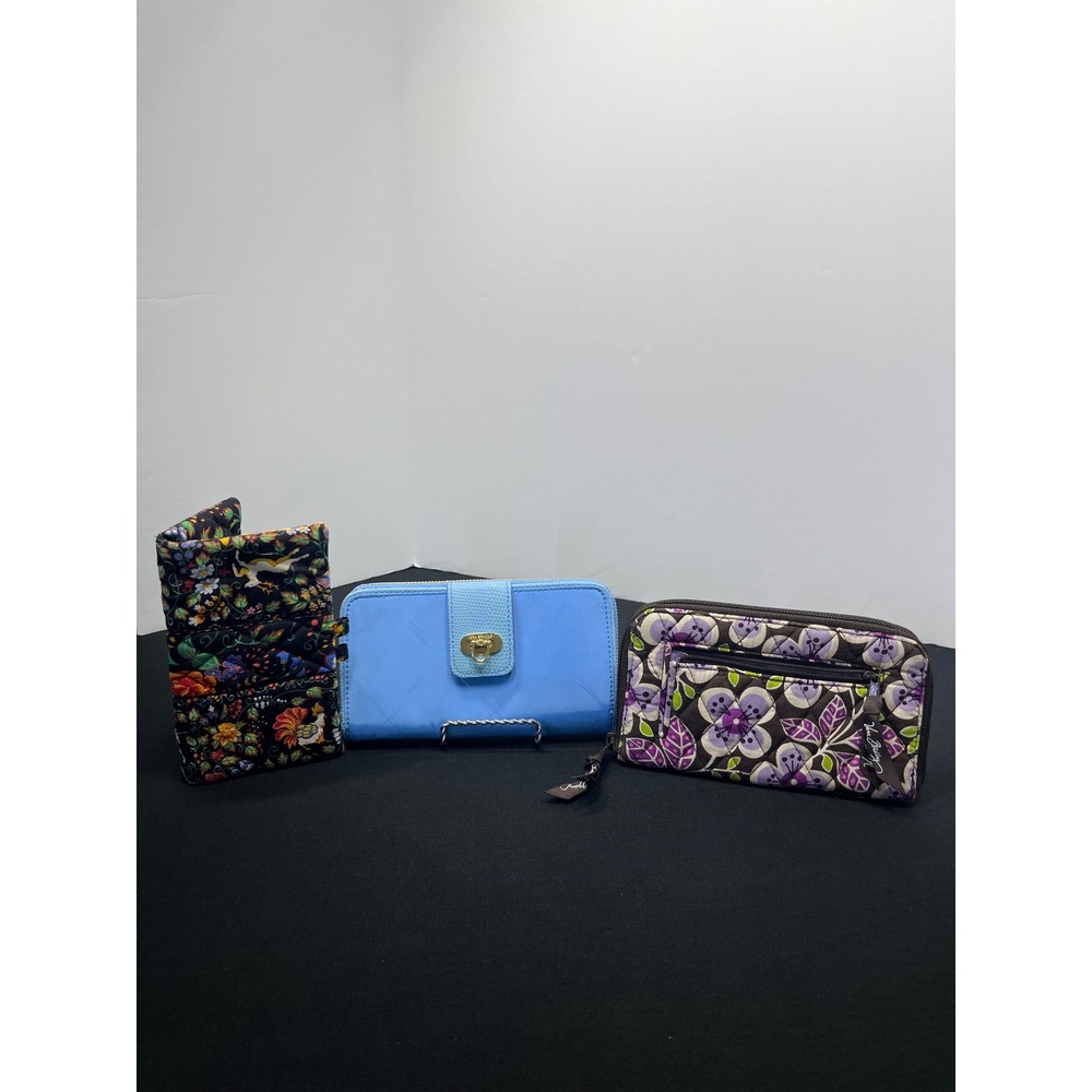Vera Bradley Wallet Lot 3pc Floral Quilted Zip Around Blue Turnlock Trifold